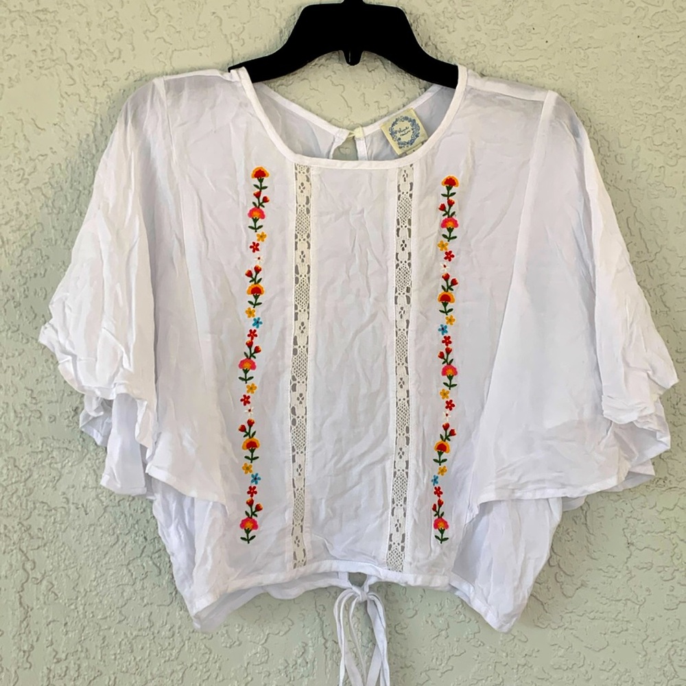Francesca’s Blue rain crop top/blouse with open back bat style sleeves size L